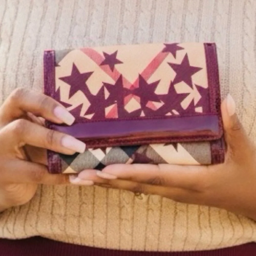 BURBERRY Maroon & Tan Star Print Canvas & Patent Leather Wallet, EUC